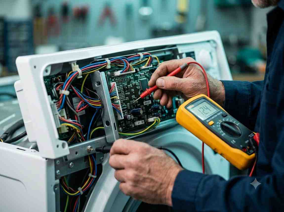 Experienced appliance repair technician diagnosing a home appliance fault