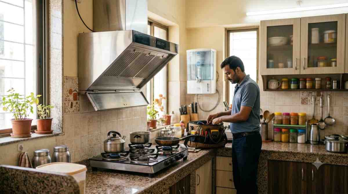 Freshly repaired kitchen chimney functioning in an Indian kitchen