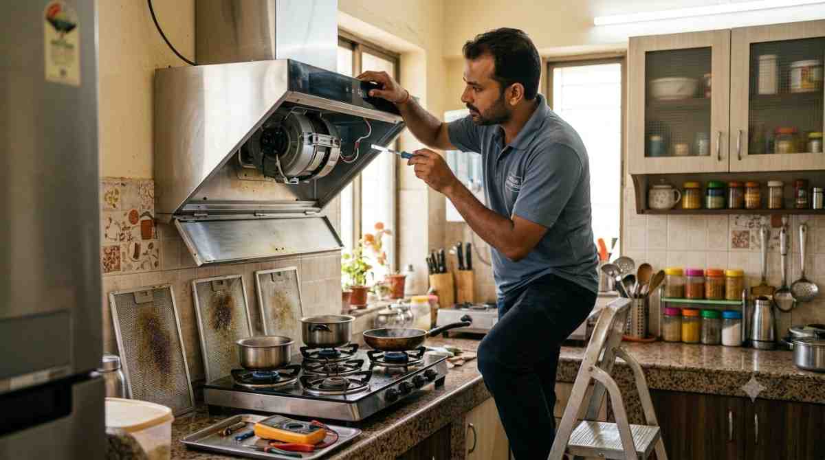 Technician repairing a kitchen chimney in an Indian home