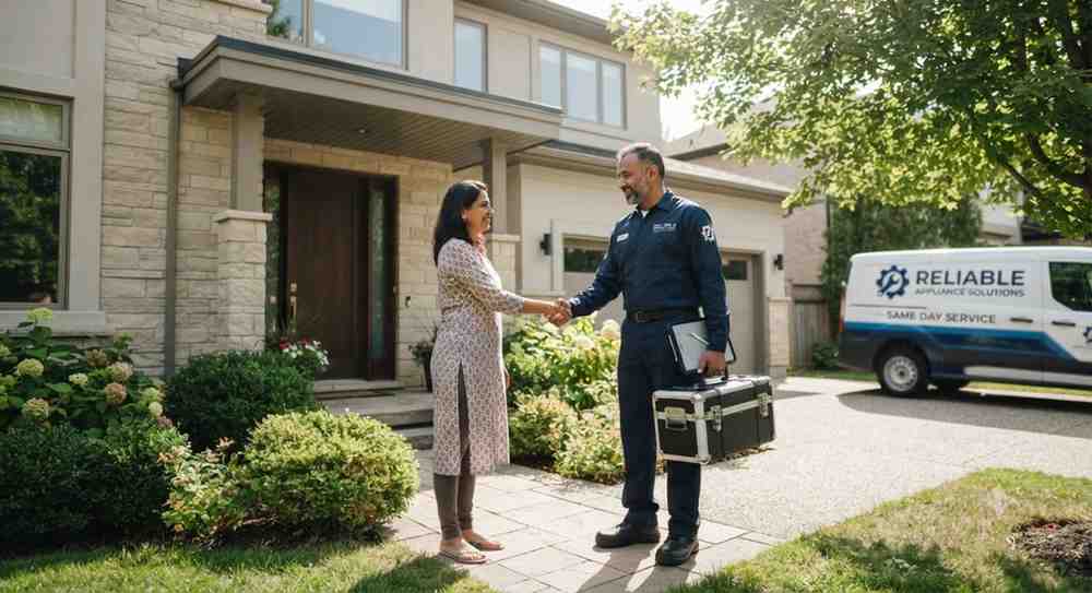 Technician arriving at a customer's home for doorstep appliance repair.