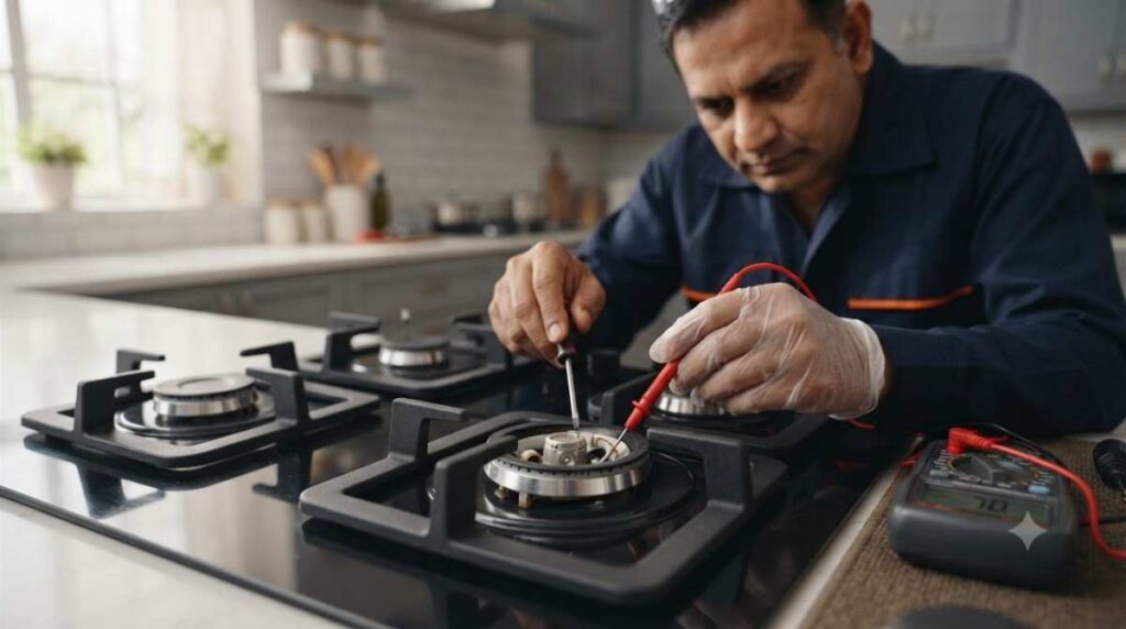 Technician inspecting a gas hob burner that is not igniting.