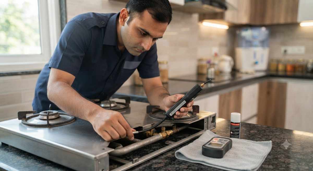 Gas stove maintenance service being performed on a Gilma stove