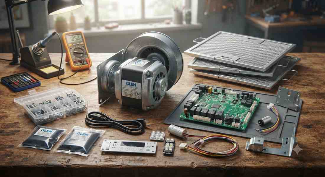 Genuine Glen gas stove spare parts including burners and valves being replaced by a technician