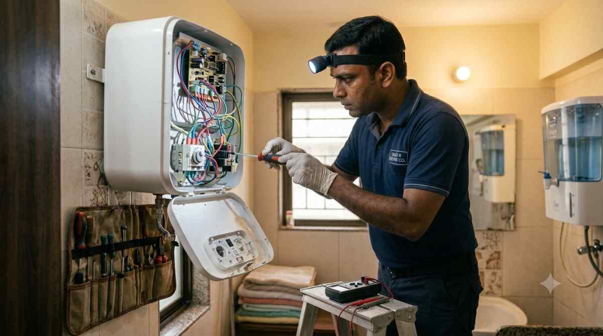 Technician repairing a wall-mounted electric geyser
