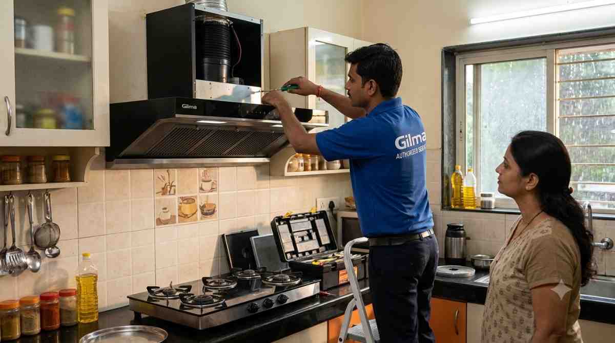 Gilma service centre technician repairing a kitchen chimney in an Indian home