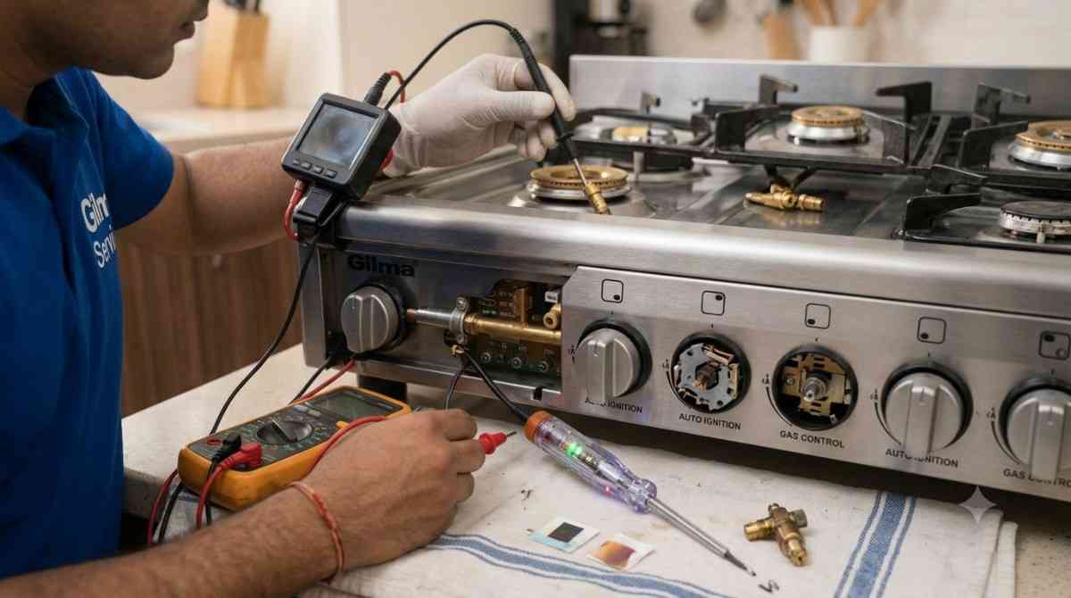 Gilma service centre diagnostic check of cooking range burner and control panel
