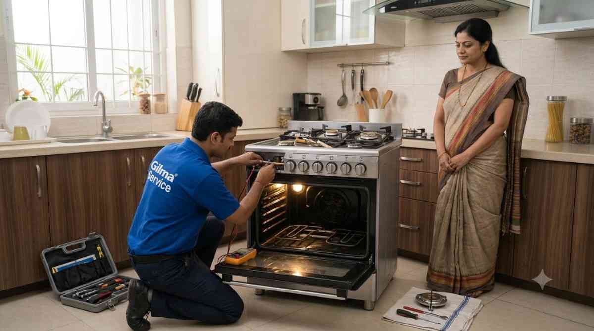Gilma service centre technician repairing a cooking range stovetop and oven unit