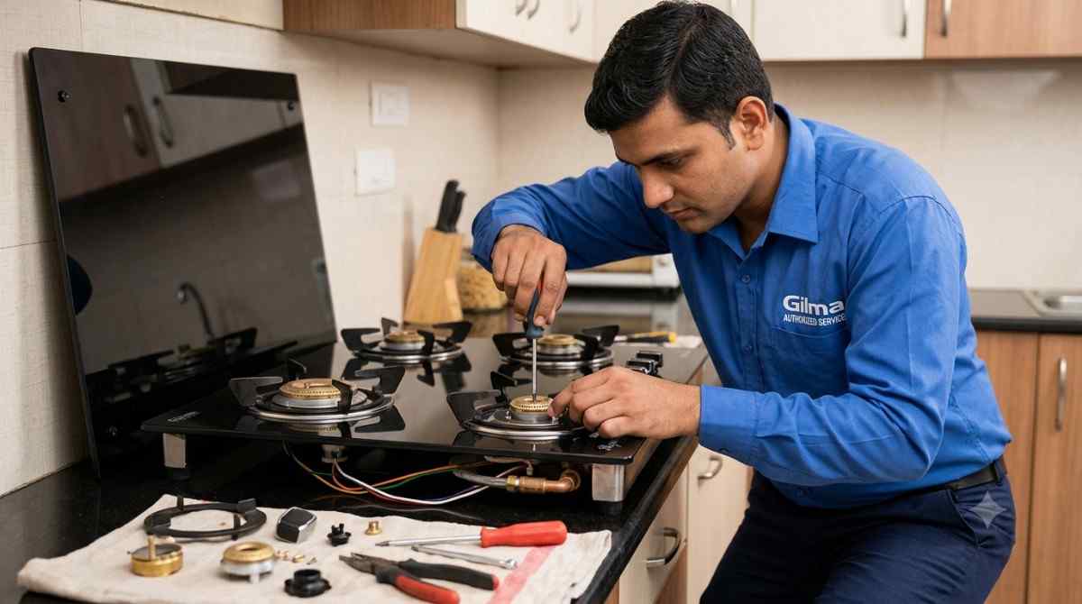 Gilma service centre technician repairing a built-in glass-top cooktop