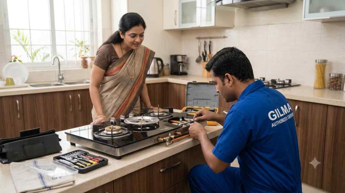 Gilma service centre technician repairing a gas stove burner