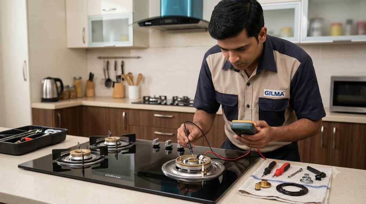 Gilma service centre technician repairing a gas hob ignition issue
