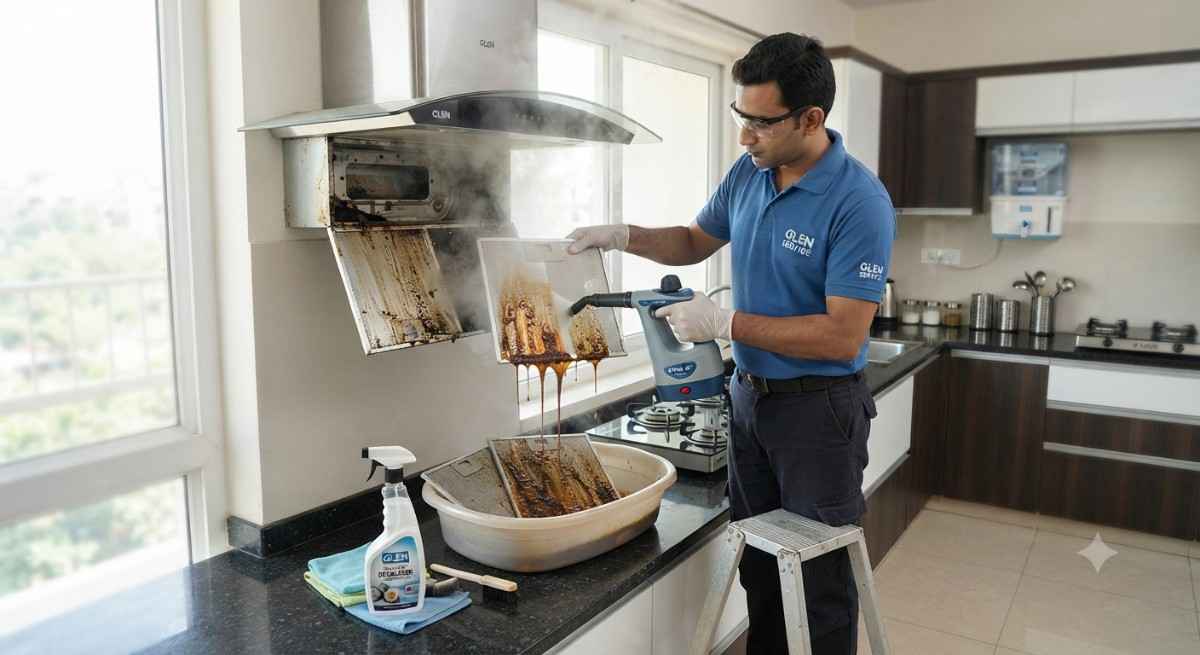 Glen chimney repair technician cleaning grease filters during a chimney service