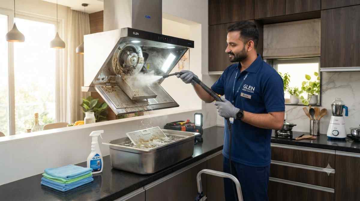 Glen chimney deep cleaning service removing built-up oil and grease from chimney body