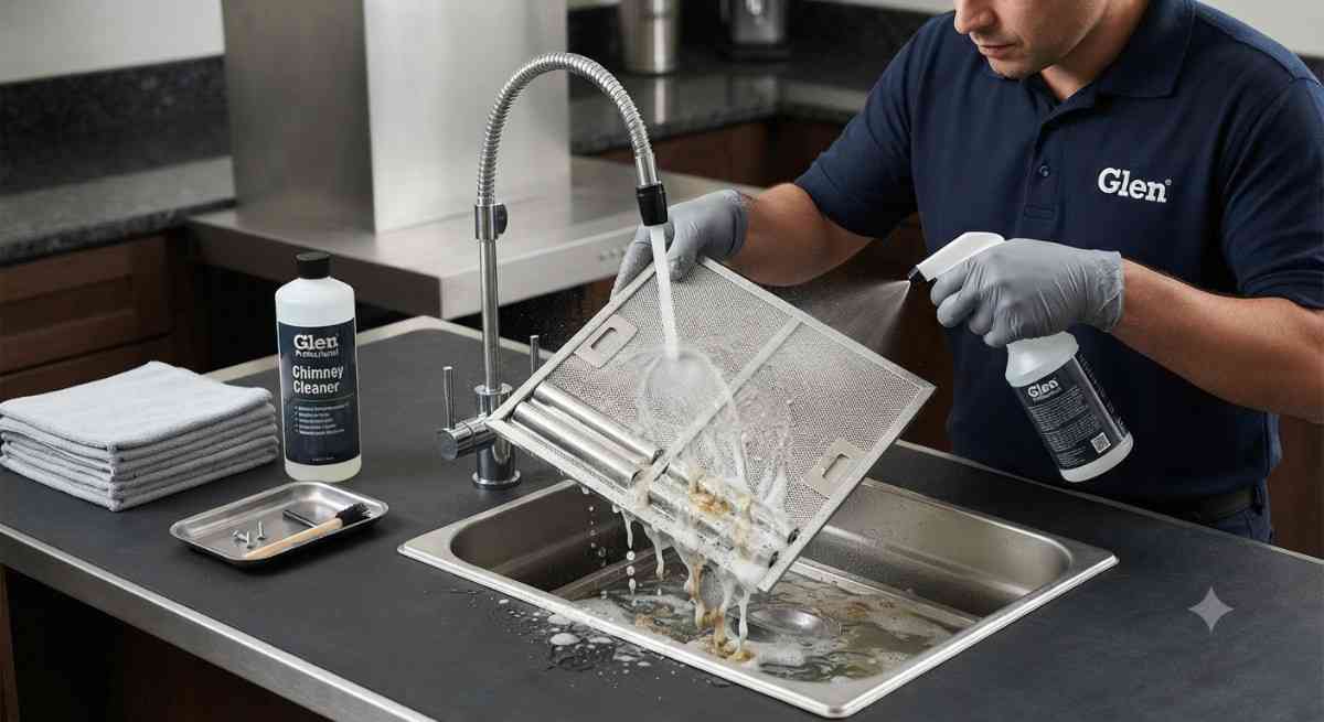 Glen chimney filter cleaning service showing mesh and baffle filter degreasing