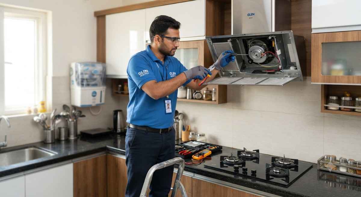 Glen chimney service center technician repairing a Glen kitchen chimney at a customer's home