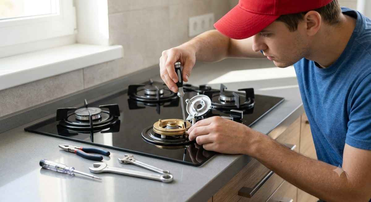 Glen hob burner repair showing burner cap and flame failure device replacement