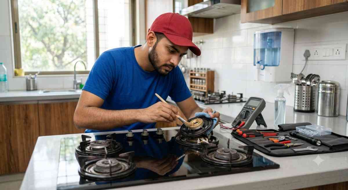 Glen hob cleaning and maintenance service removing grease and food residue from burners