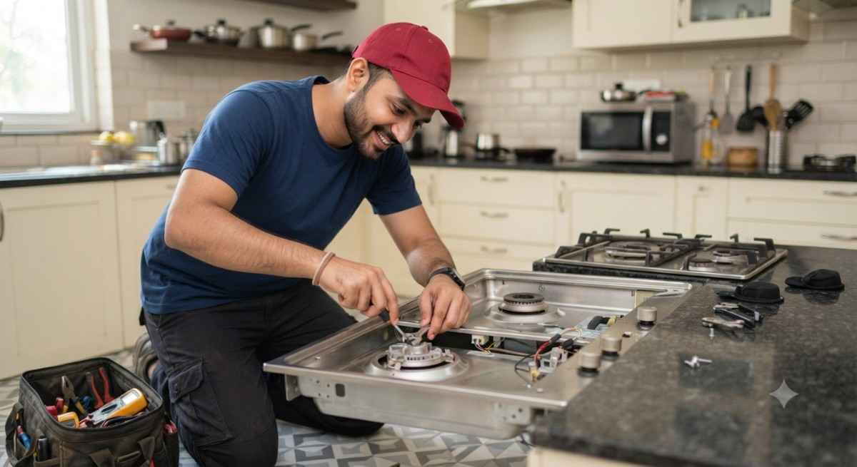 Glen hob repair technician servicing a built-in Glen hob at a customer's home