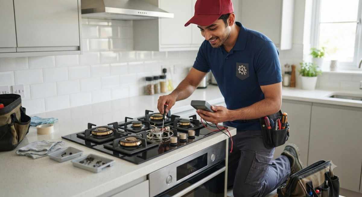 Technician repairing Glen gas hob and ignition problems