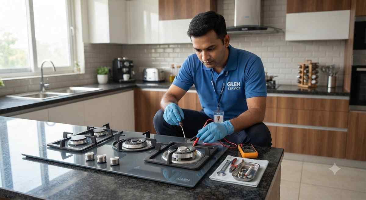 Glen hob repair service technician fixing a built-in Glen hob burner at home