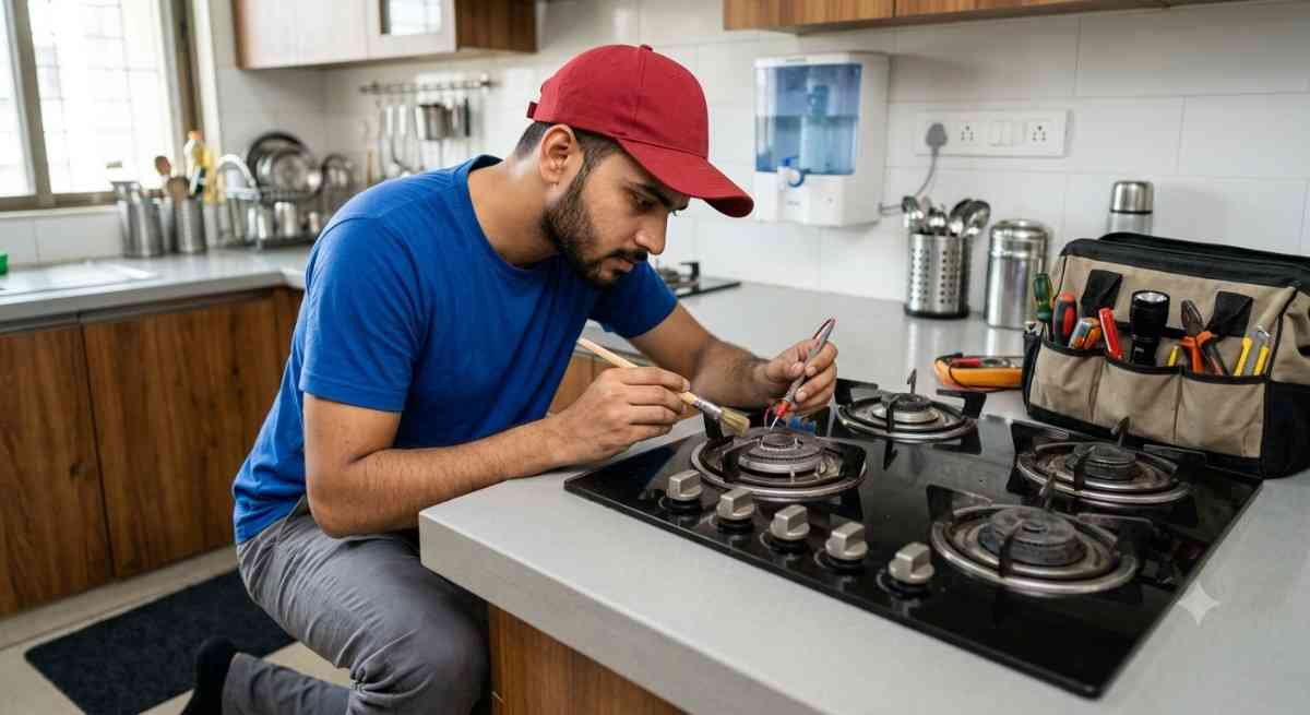 Glen hob technician inspecting gas connection and safety check on built-in hob