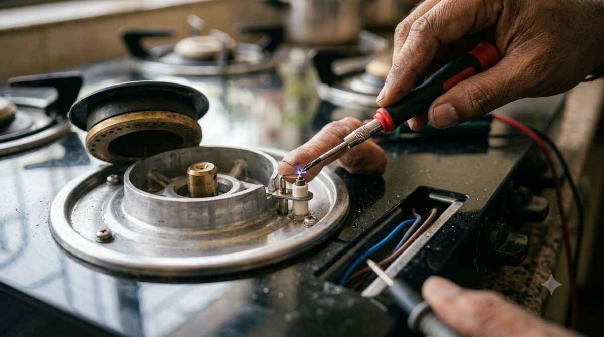Close-up diagnostic check of gas hob ignition switch