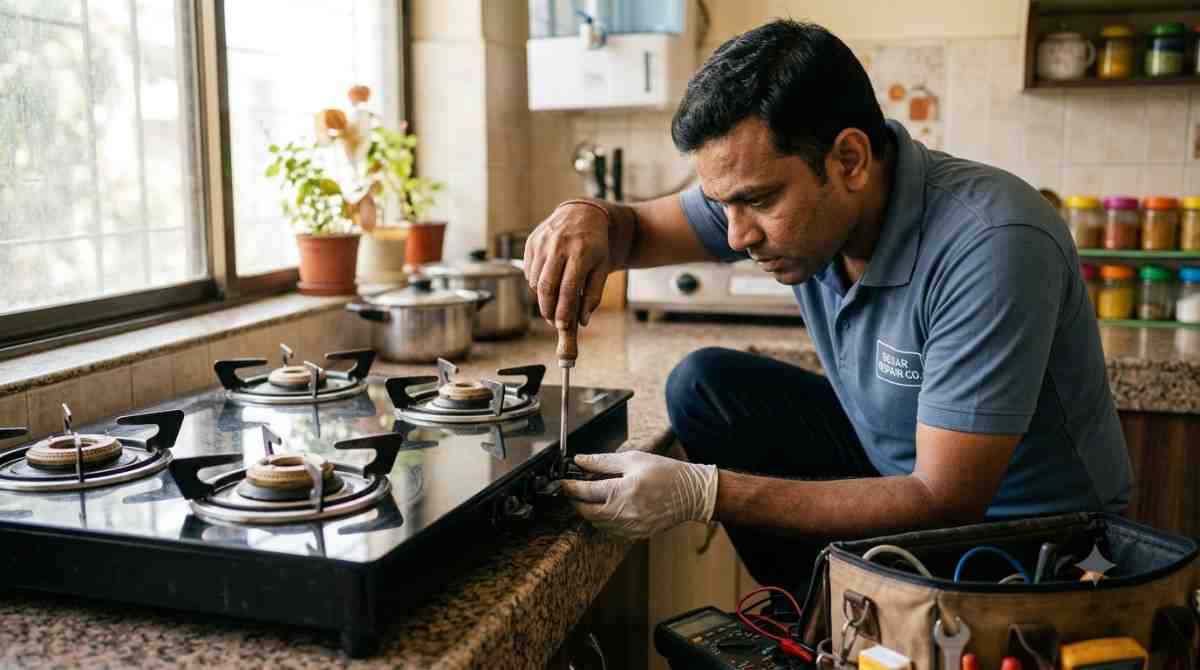 Technician repairing a gas hob ignition issue in a kitchen