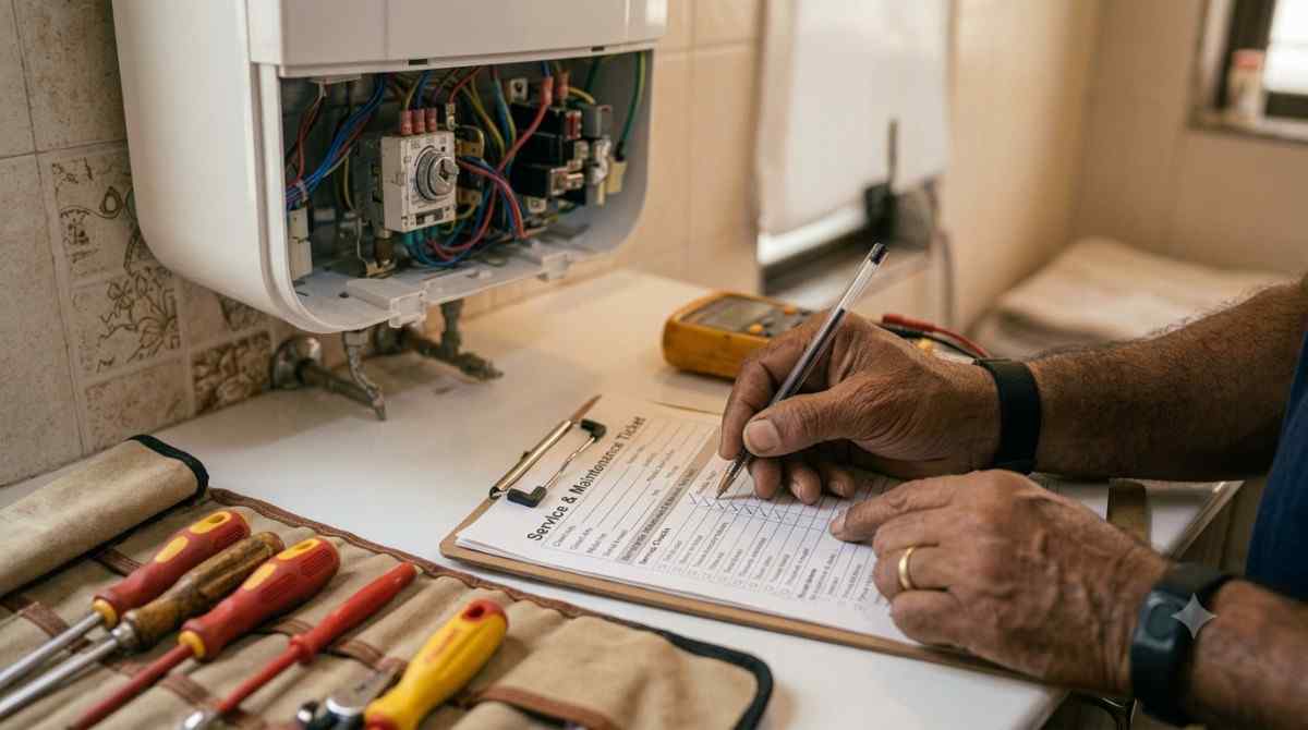 Technician documenting a home appliance diagnostic checklist