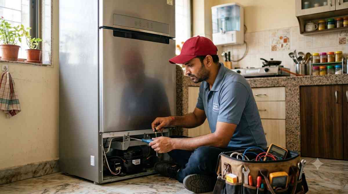 Technician repairing home appliance at customer's house in India