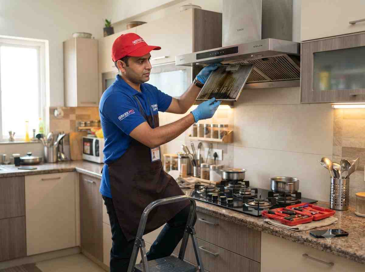 Technician repairing a kitchen chimney suction motor in a Navi Mumbai apartment