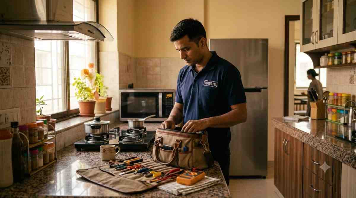 Technician servicing multiple kitchen appliances in one visit