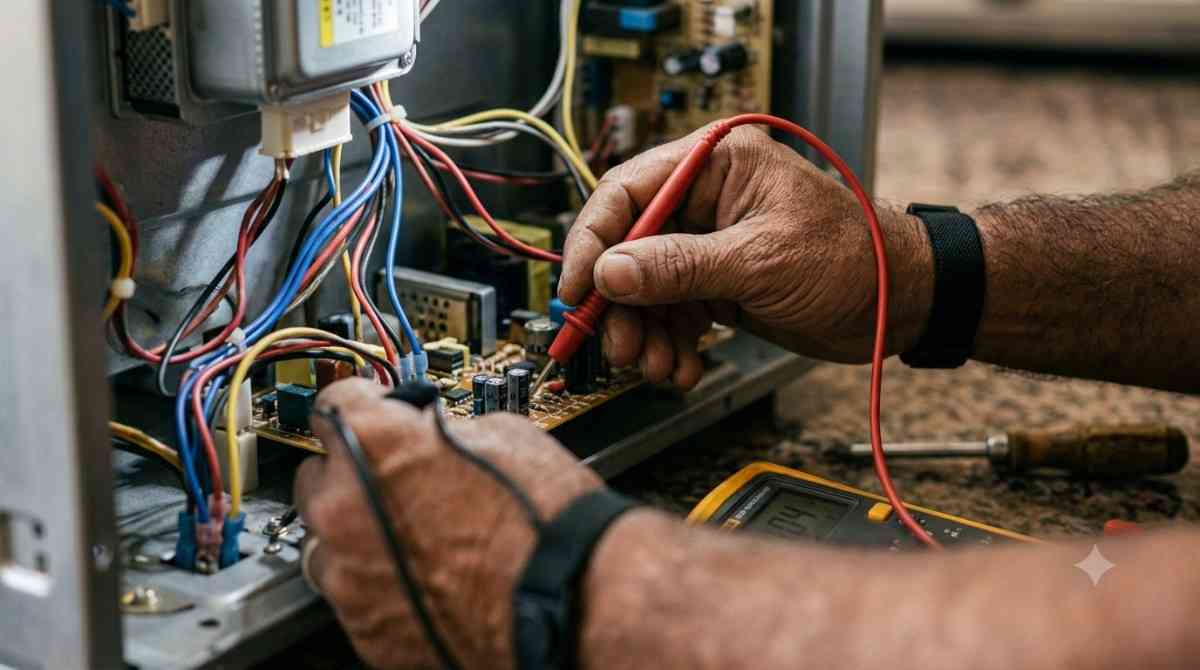 Close-up of microwave control panel being diagnosed