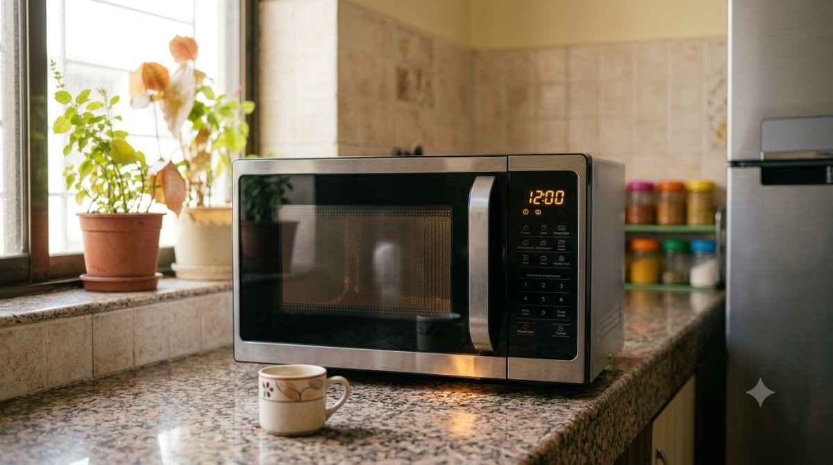 Repaired microwave oven working in a kitchen