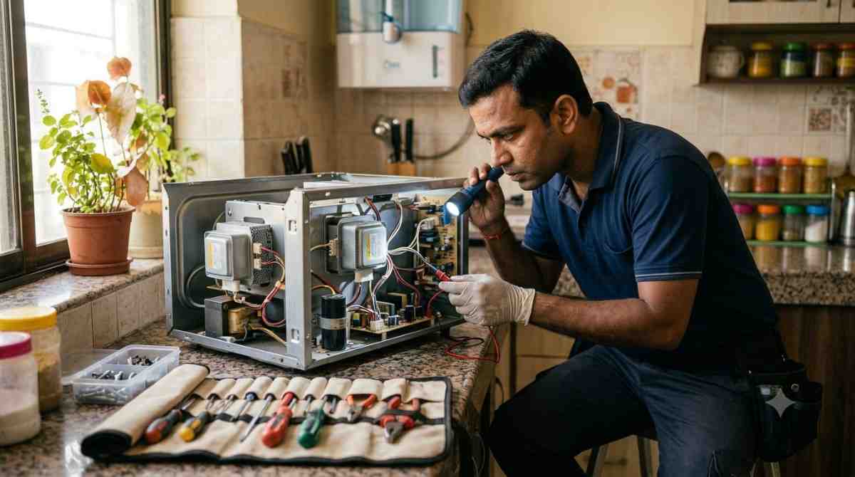 Technician repairing a microwave oven at a customer's home