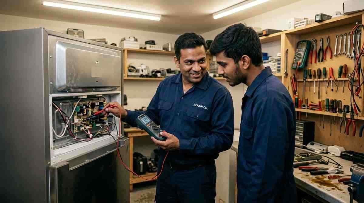 Appliance repair technicians during a hands-on training session