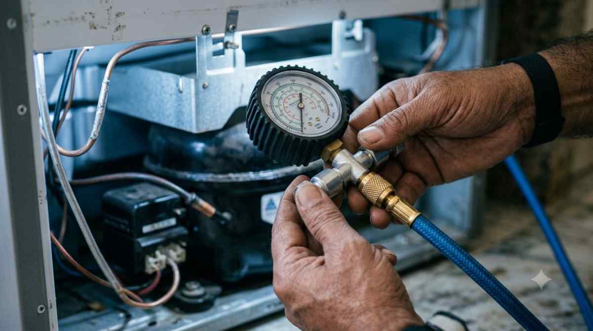 Refrigerator gas pressure being checked during diagnostic visit