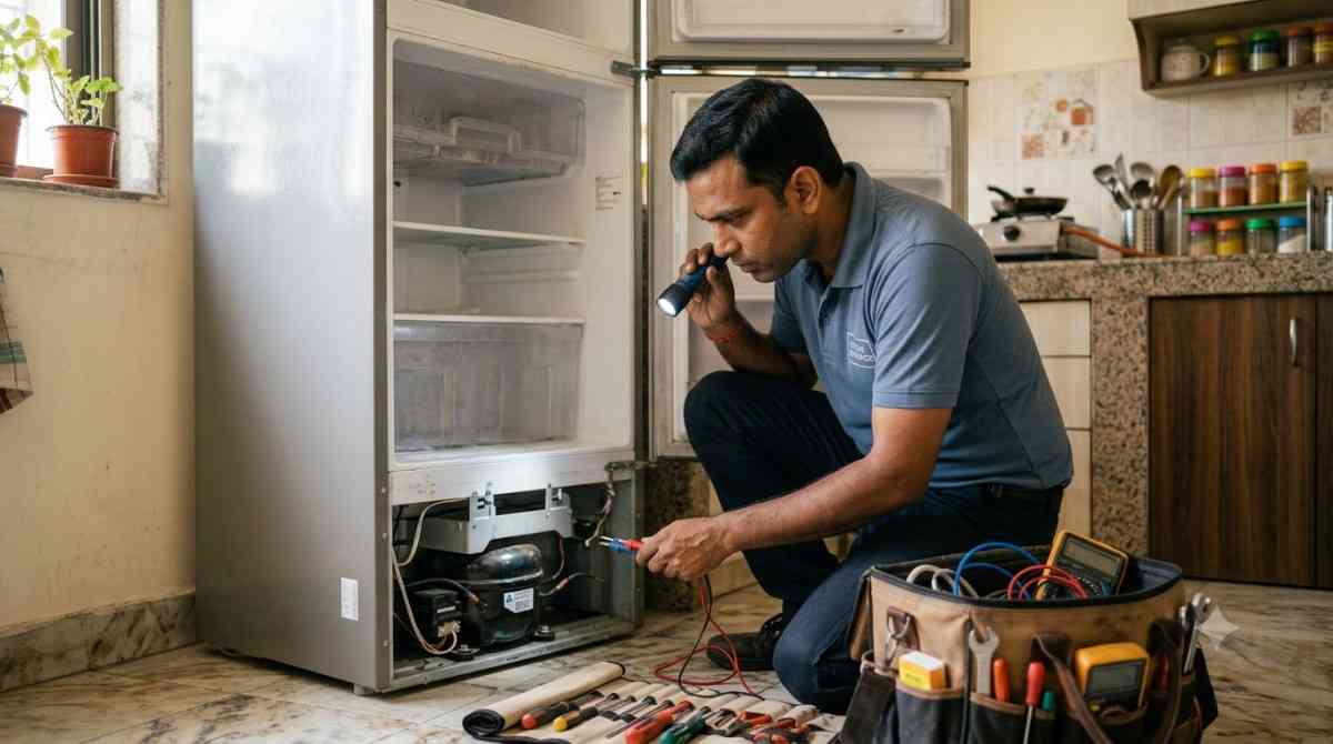 Technician repairing a refrigerator's compressor at home