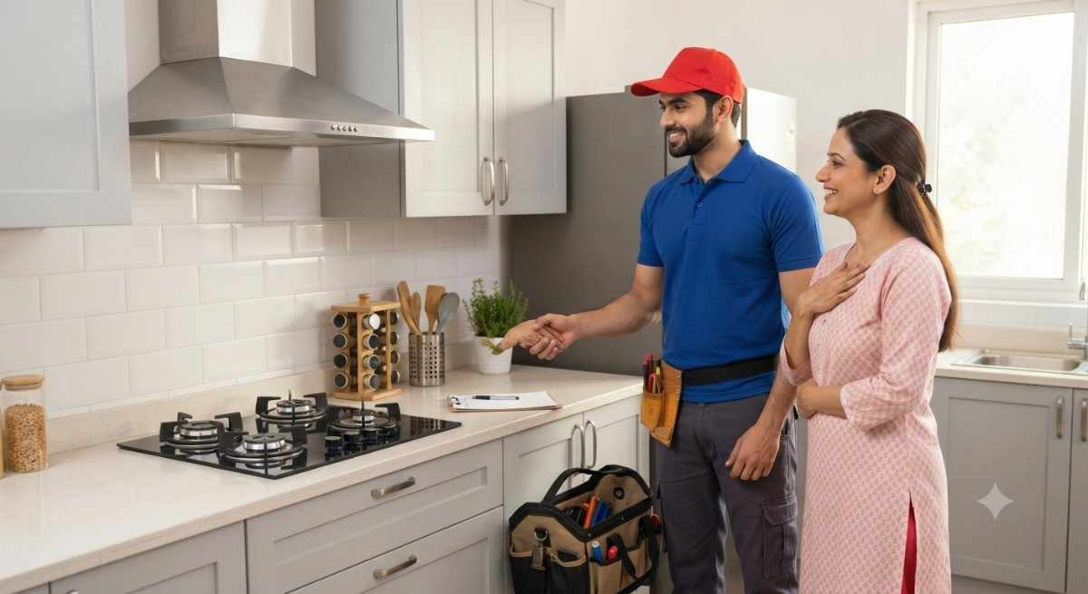 Happy customer after professional kitchen appliance repair service