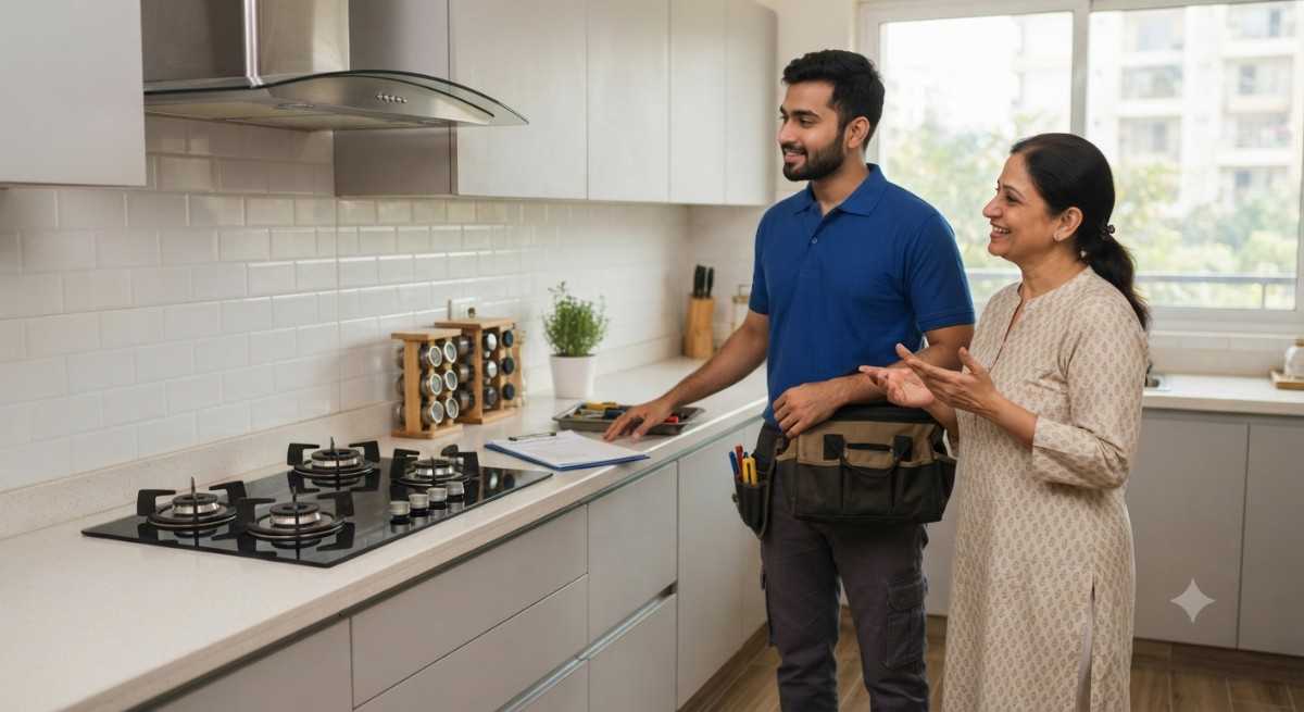 Reliable hob and chimney repair technician servicing a kitchen appliance in Bangalore