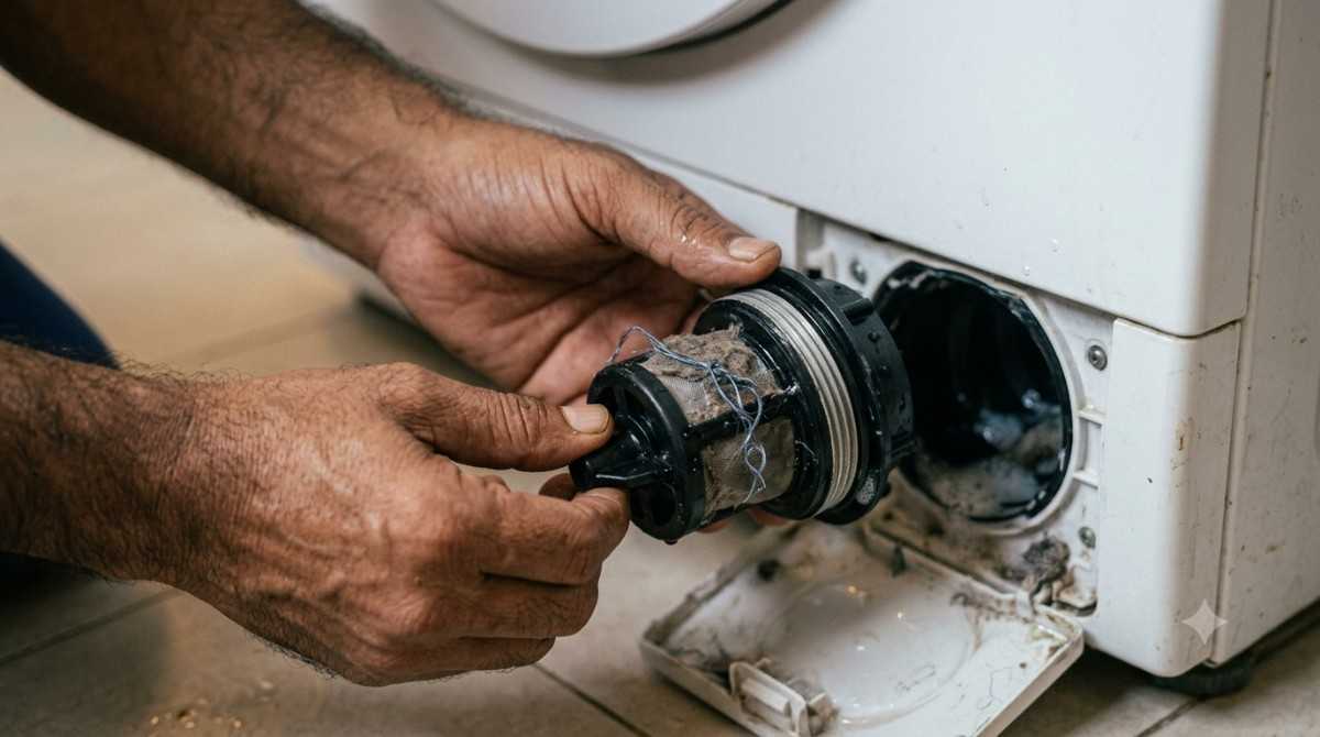 Close-up of washing machine drain pump being inspected