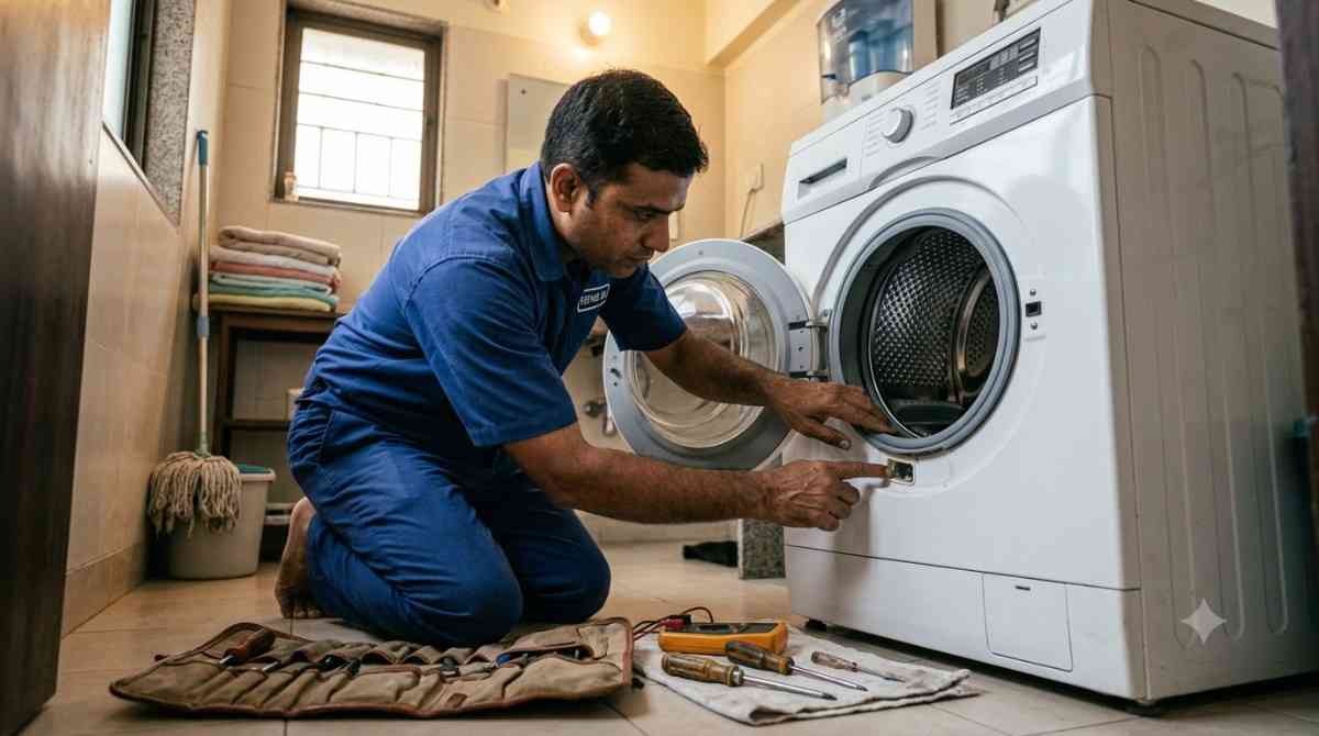 Technician repairing a washing machine drum and drainage issue