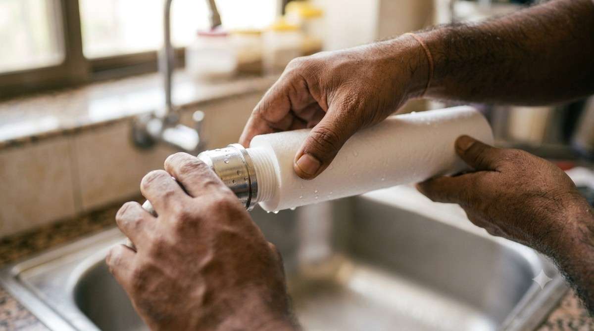 Close-up of water purifier filter cartridge being replaced