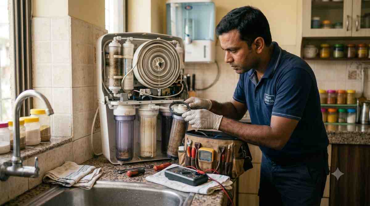Technician repairing a wall-mounted water purifier in a kitchen
