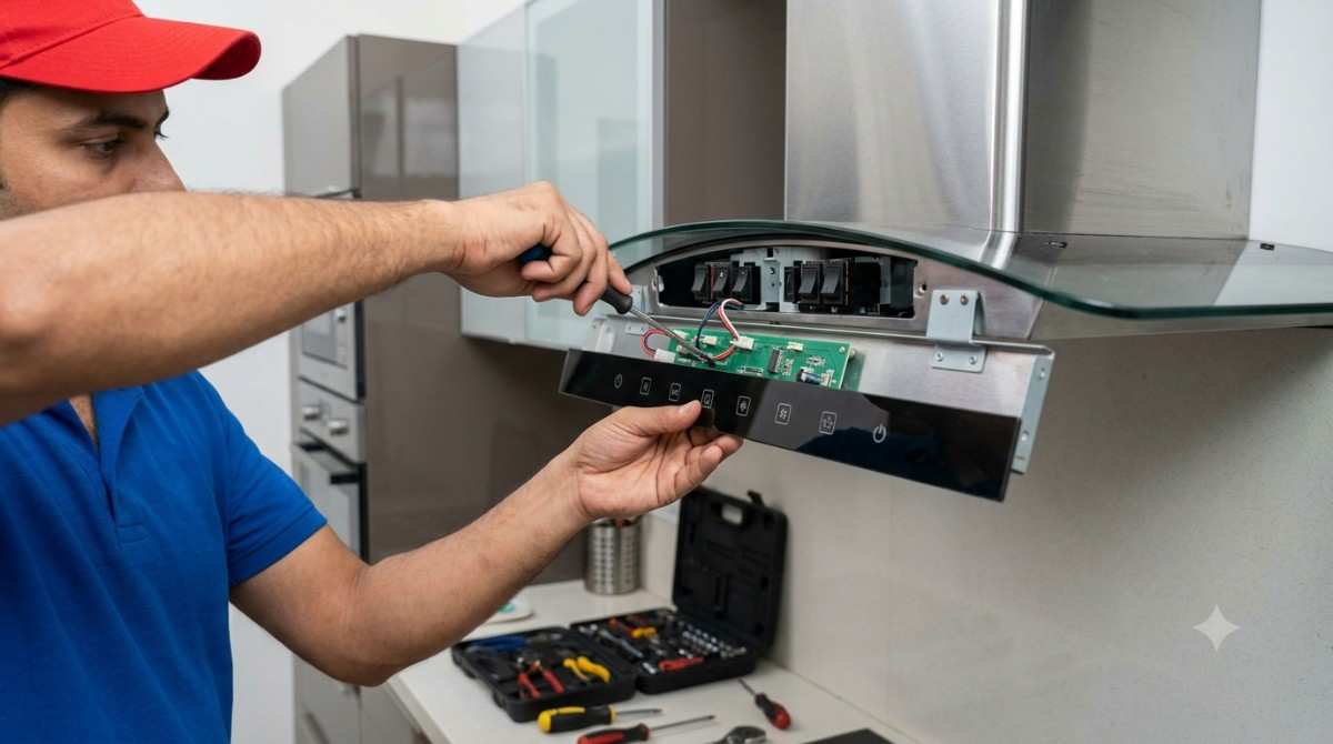 Whirlpool chimney control panel repair technician fixing touch panel and PCB