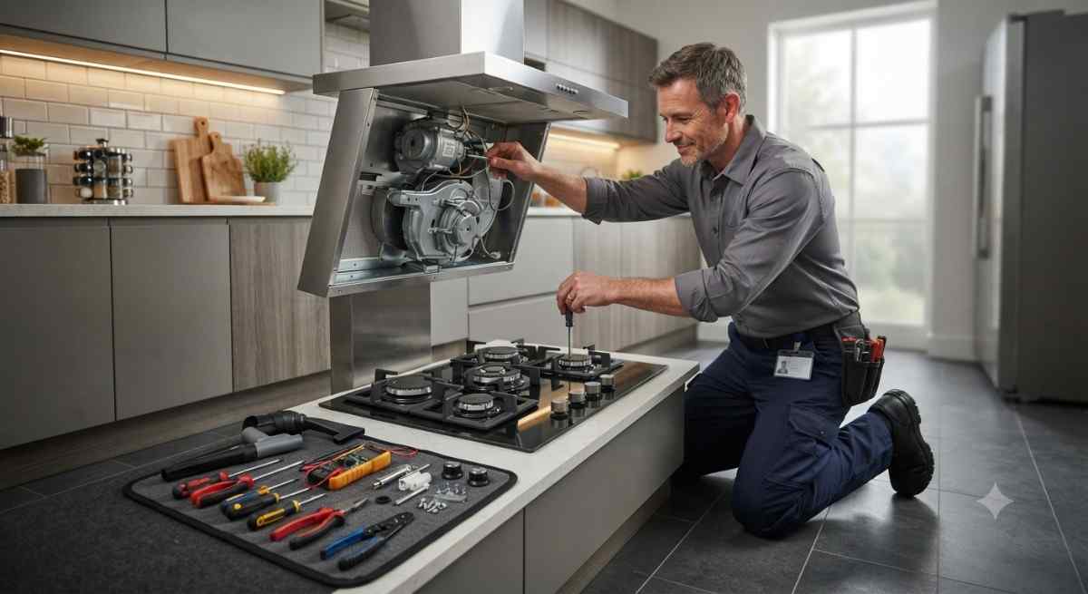 Whirlpool chimney and hob repair technician servicing kitchen appliances