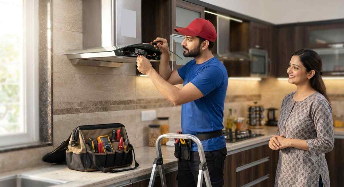 Whirlpool chimney repair technician servicing a kitchen chimney at a customer's home