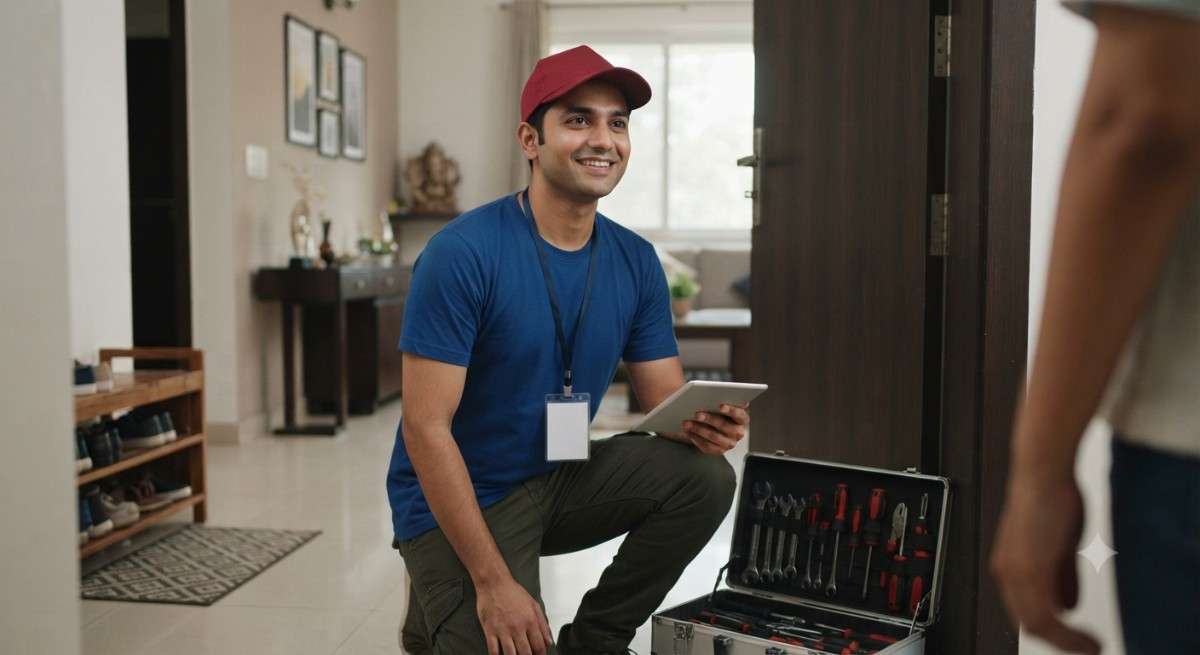 Whirlpool doorstep appliance repair technician arriving at customer's home