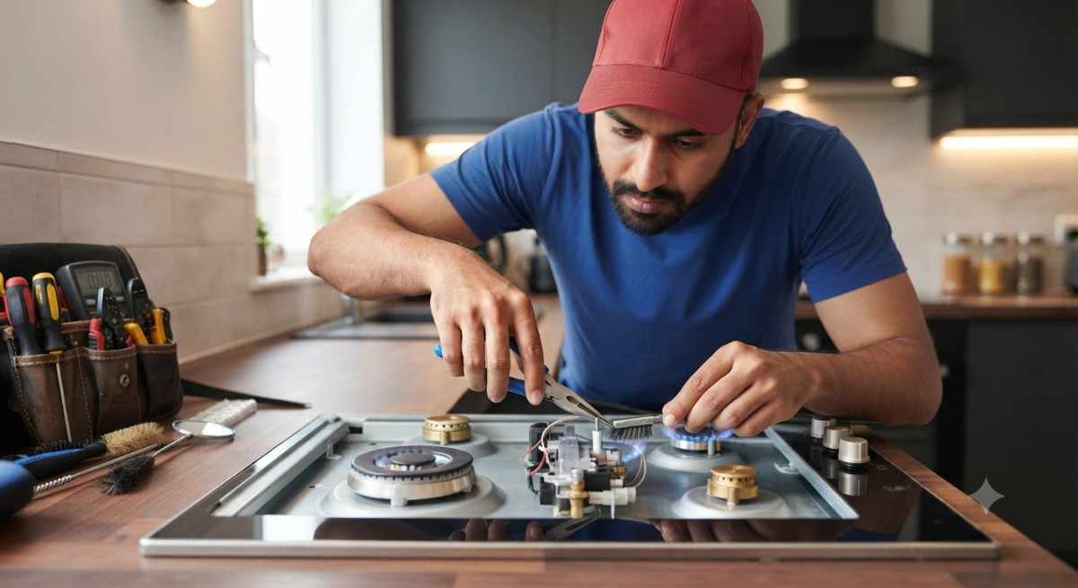 Whirlpool hob burner repair showing burner cap and flame assembly service
