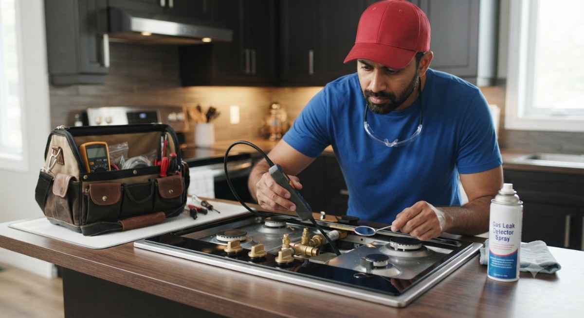 Whirlpool hob gas leak repair technician inspecting valve and burner connection