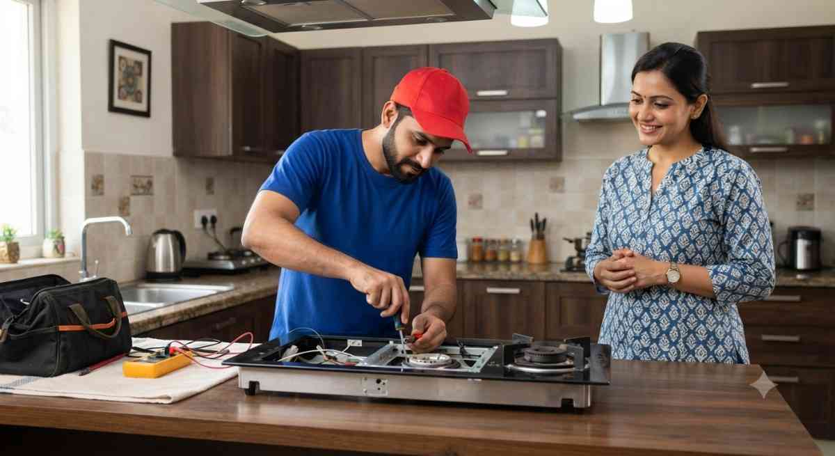 Whirlpool hob repair technician servicing a built-in Whirlpool hob at a customer's home