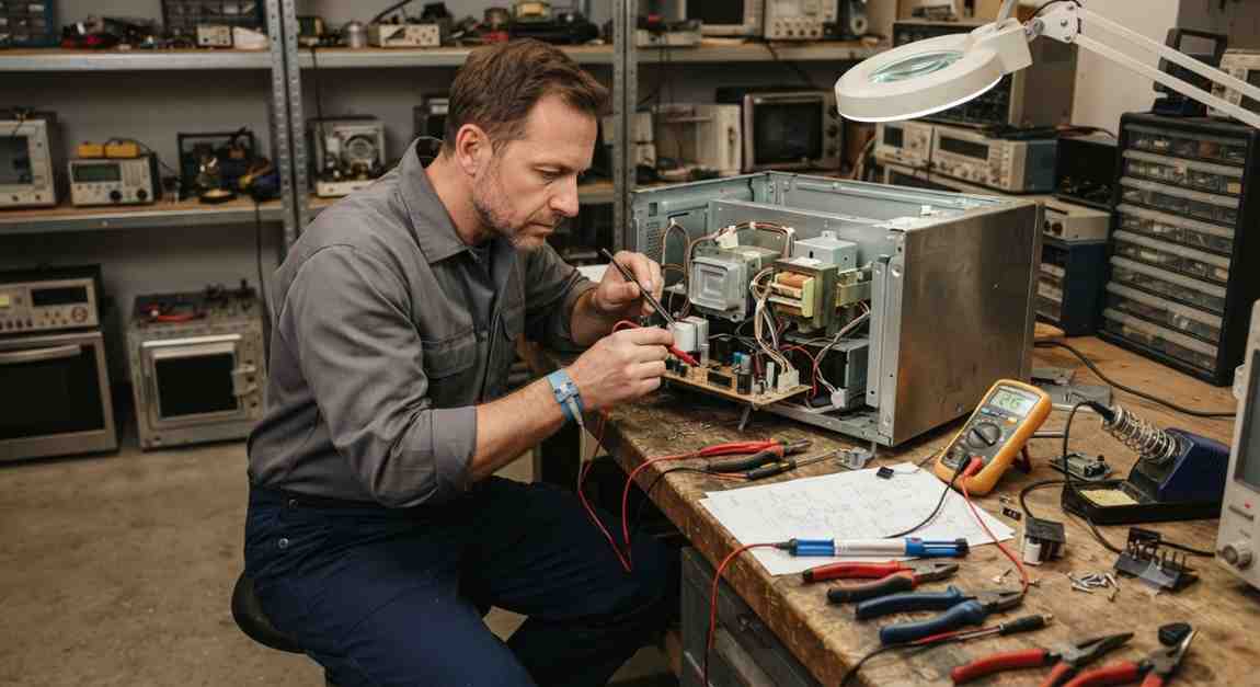 Whirlpool microwave oven repair technician fixing heating element and turntable